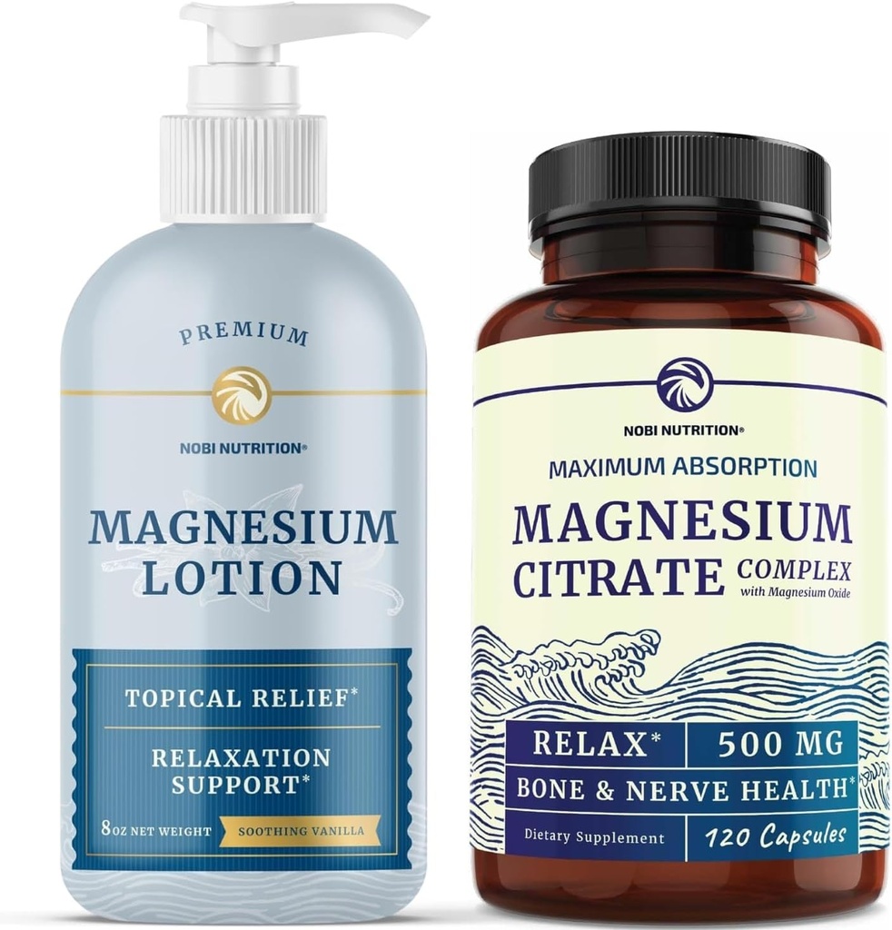 Lotion de magnésium et supplément de citrate de magnésium , Support complet du corps de magnésium pour le corps et l'esprit avec 8 Fl Oz Magnésium thématique plus 2 mois d'approvisionnement complexe de magnésium