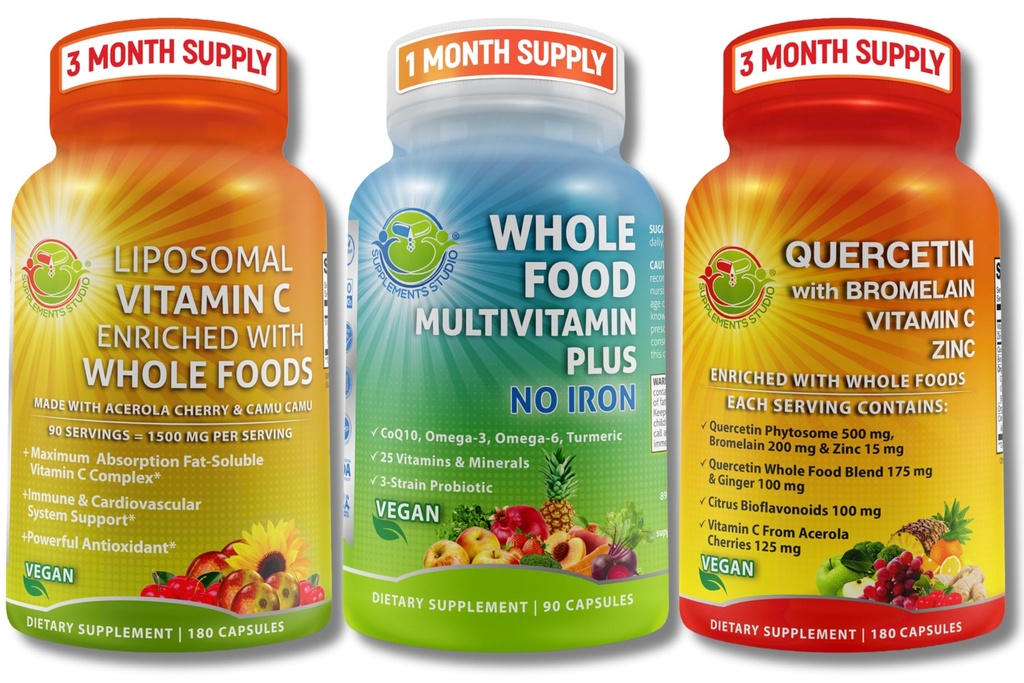 Ensemble de soutien immunologique et antioxydant végétalien – Vitamine liposomique C 1500mg avec Acerola biologique et Camu Camu + Quercetin 500mg avec Bromelain, Zinc et Vitamine C + Végétalien entier Multivitamine sans fer