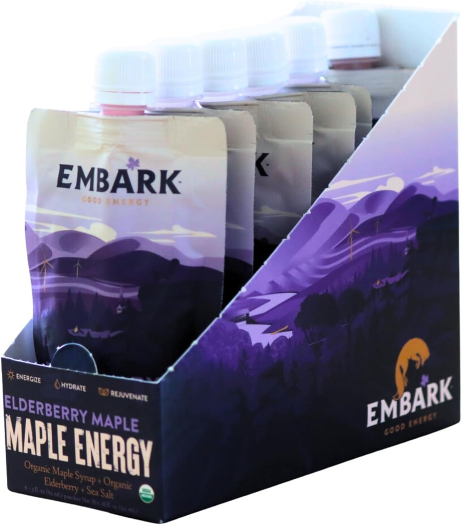 Gel d'énergie du sirop d'érable Embark, 6-paquets de 3 oz, nutrition sportive naturelle, certifié biologique, végétalien, sans gluten, pour athlètes, aventuriers et aventuriers, Elderberry