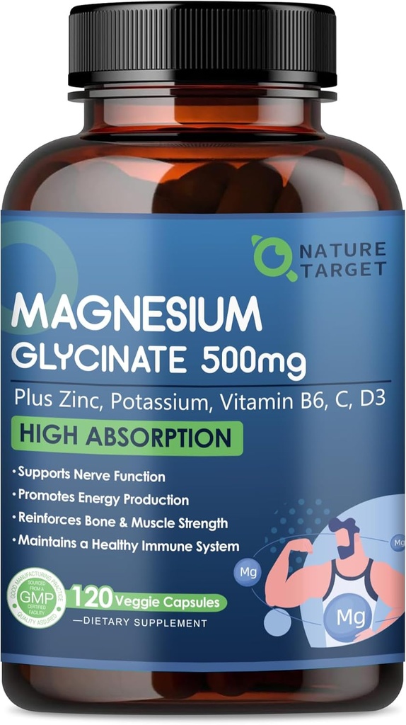 NATURE TARGET Magnésium Glycinate 500mg, Magnésium chélaté avec Zinc et Vitamine D3 pour les muscles, les nerfs et les os, soutien de la santé cardiaque et de la crampe des jambes, système immunitaire de résistance - 120 capsules