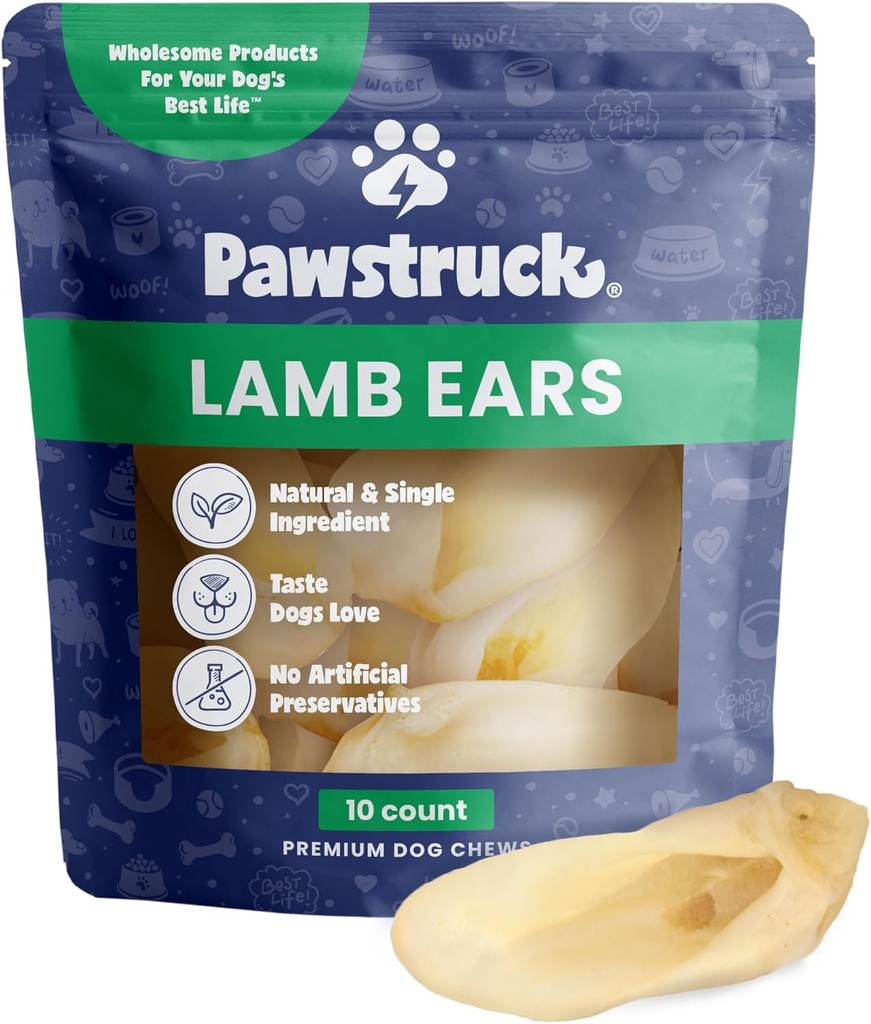 Pawstruck Oreilles d'agneau naturelles Gâteries pour petits et moyens chiens - Santé, faible graisse, pas de conservateurs artificiels, ingrédient unique, très digestible - 10 Compte - Emballage Mai Varier