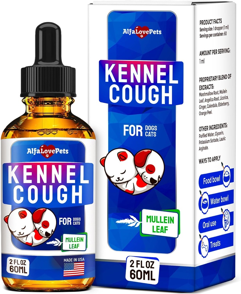Kennel Cough Treatment for Dogs & Cats – Dog Cough Suppressant Helps with Allergies, Runny Nose, Sneezing – for All Breeds & Sizes – Mullein Leaf and Calendula – 2 Oz