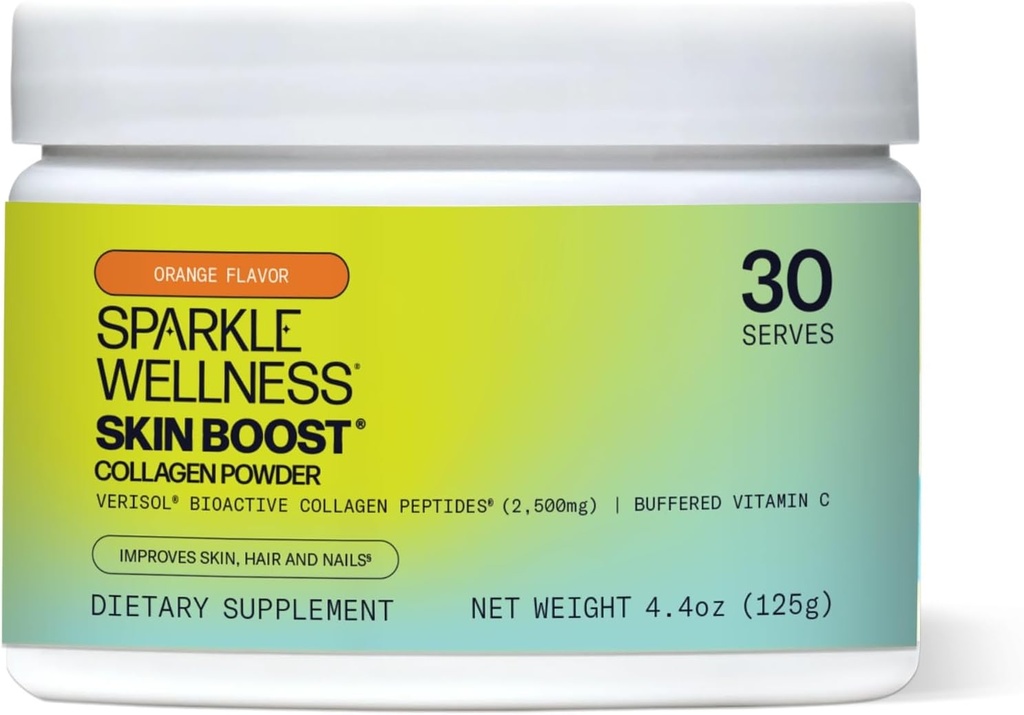 Sparkle Wellness VERISOL Bioactive Hydrolyzed Collagen Peptides | Collagen Powder Supplement with Vitamin C for Skin, Hair & Nail Health | Skin Boost (Orange) [30-Serves]