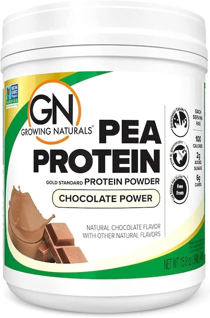 Growing Naturals Raw Pea Protein Powder, Vegan Plant Based Protein, BCAA, Low-Carb, Low-Sugar, Chocolate Power, 1 Pound (Pack of 1)