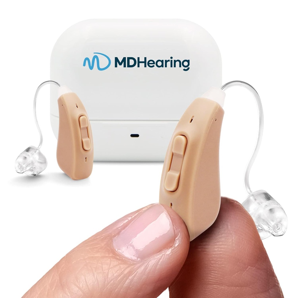 MDHaringAid AIR Hearing Aid (Pair), OTC Rechargeable, son numérique clair cristal par MDHaring, parfait pour les lunettes, presque invisible
