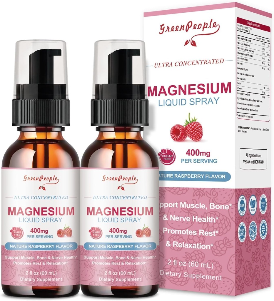 GreenPeople Magnésium Glycinat Vaporisateur liquide 400mg - Supplément de potassium de magnésium avec la vitamine D3k2, B6 de malate de magnésium pour un soutien apaisant, musculaire, os et sommeil 4 Fl Oz