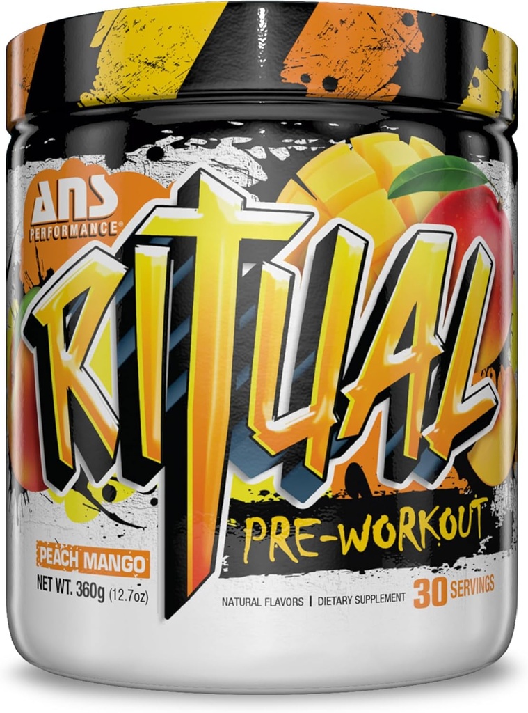 ANS Performance Ritual Pre Workout (30 portions, 12,7 oz) - Formule complète de pré-entraînement - Énergie, concentration et force - Augmenter la puissance de sortie et le volume d'entraînement - Endurance et endurance (Peach Mango)