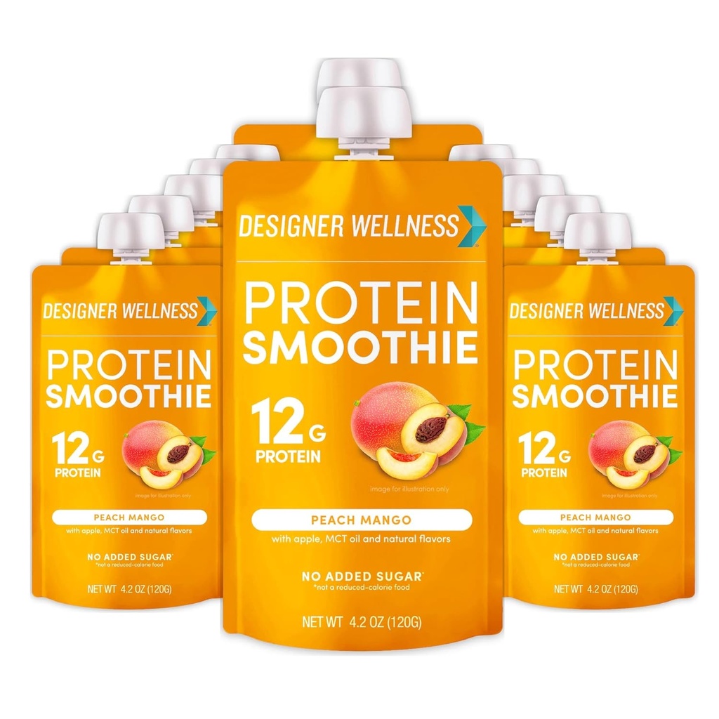 Designer Wellness Protein Smoothie, Real Fruit, 12g Protéines, Faible Carb, Zéro Sucre ajouté, Sans gluten, Non-OGM, Pas de colorants ou d'arômes artificiels, Pêche Mangue, 12 Compte