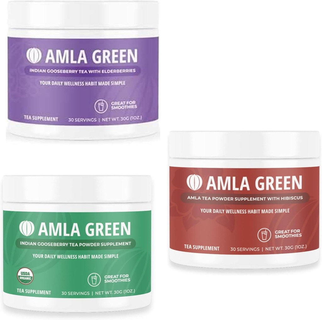 Poudre d'amla, supplément de thé vert Superfood avec des baies d'ail et des baies de Goose et Hibiscus, biologique, végétalien, 30 portions