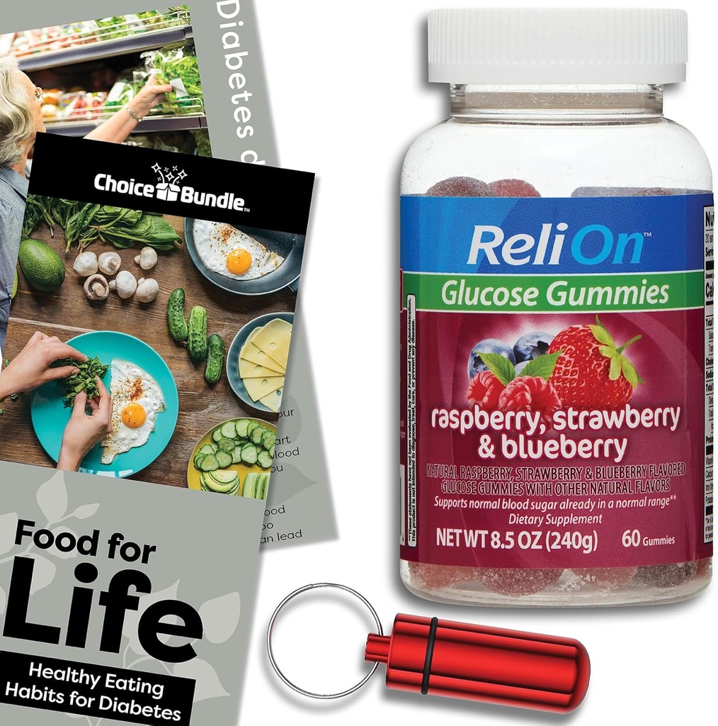 Choice Bundle Glucose Gummies Berry Flavor Gummy Dietary Supplément 60ct Comprend Food for Life Guide & Portable Pill Container (3 items)!