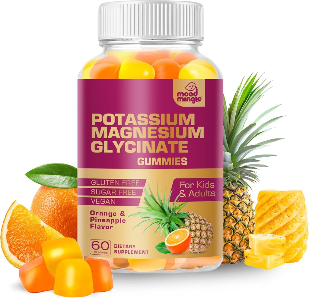 MoodMingle Potassium Supplément de magnésium Glycinate Gommies - Haute absorption Potassium Chews - avec les vitamines de calcium B6 B12 C D3 K2 Zinc - Vegan sans sucre sans gluten pour les enfants adultes