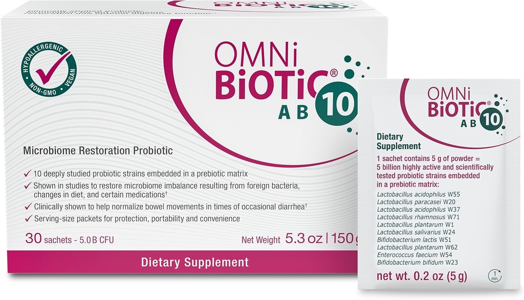 OMNi BiOTiC AB 10 - Probiotique restaurateur testé cliniquement - Supports et restaure Gut Flora & Digestion - Probiotique digestif pour la diarrhée - Vegan, hypoallergénique, non-OGM (30 paquets quotidiens)