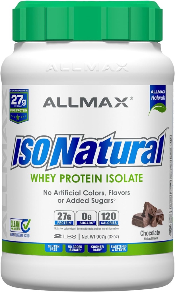 ALLMAX Nutrition ISONATURAL Isolation des protéines de lactosérum, chocolat - 2 lb - 27 grammes de protéines par scoop - Zéro gras et sucre - 99% Sans lactose - avec des prébiotiques - Pas d'arôme artificiel - 29 portions