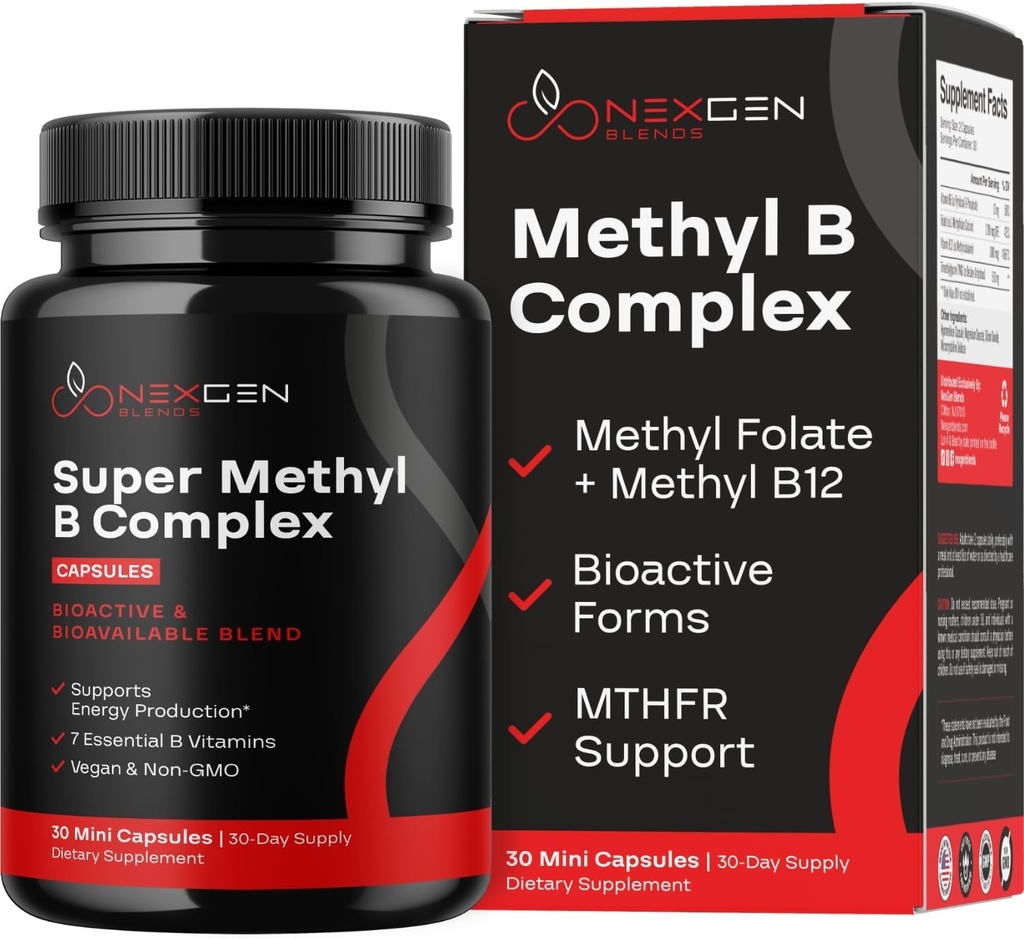 Supplément complexe de vitamine B méthylé - Complexe bioactif de méthyle B avec folate de méthyle 5-MTHF et B12 méthylcobalamine pour l'énergie du cœur du cerveau et le soutien de l'homocystéine - Complexe Super Vitamine B (30 nombre)
