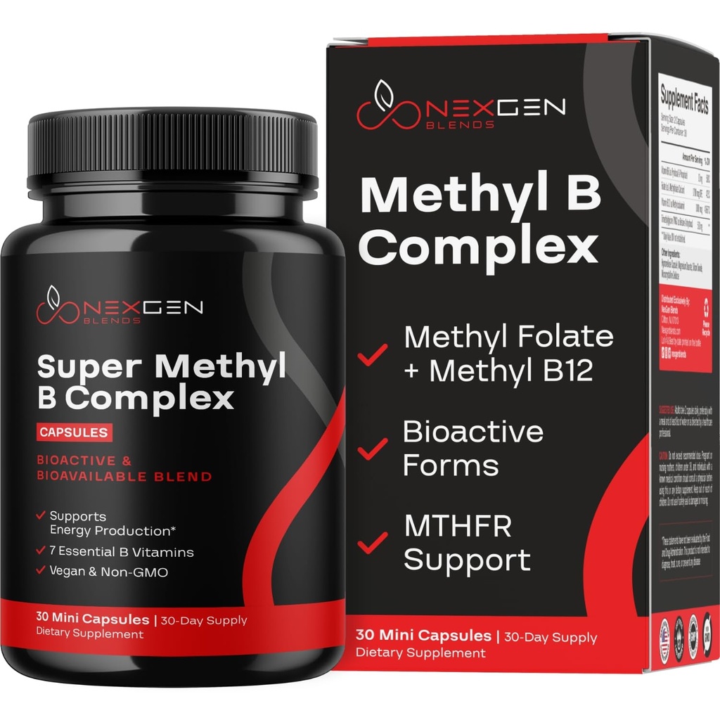 Supplément complexe de vitamine B méthylé - Complexe bioactif de méthyle B avec folate de méthyle 5-MTHF et B12 méthylcobalamine pour l'énergie du cœur du cerveau et le soutien de l'homocystéine - Complexe Super Vitamine B (30 nombre)