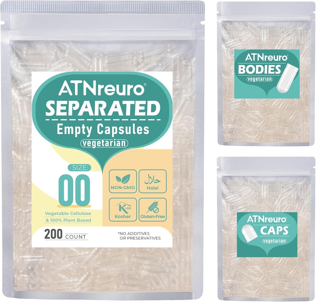 Vegan Capsules vides séparées Taille 00 (200 Nombre), Capsules pilules HPMC Vide pour le remplissage de supplément de bricolage