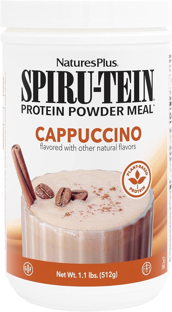 NaturesPlus SPIRU-TEIN Shake - Cappuccino Flavor - 1,1 lb, poudre de protéines de spiruline - substitut de repas à base de plantes, vitamines et minéraux pour l'énergie - végétalien, sans gluten - 16 portions