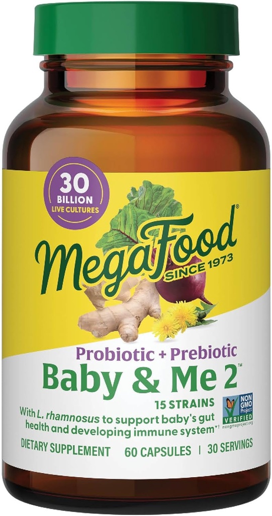 MegaFood Baby & Me 2 Prébiotiques et probiotiques prénatals pour les femmes et le développement du bébé avec 30 milliards d'UFC, végétariens et non-OGM, 60 capsules (30 portions)