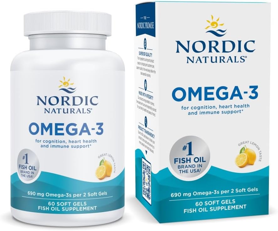 Nordic Naturals Omega-3, Saveur de citron - 60 gels mous - 690 mg Omega-3 - Huile de poisson - EPA & DHA - Soutien immunitaire, santé cérébrale et cardiaque, bien-être optimal - Non-OGM - 30 portions