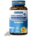 Supplément triple complexe de magnésium 300mg, 3 en 1, glycinate de magnésium, malate et citrate, végétalien, non-OGM, haute absorption, 90 capsules