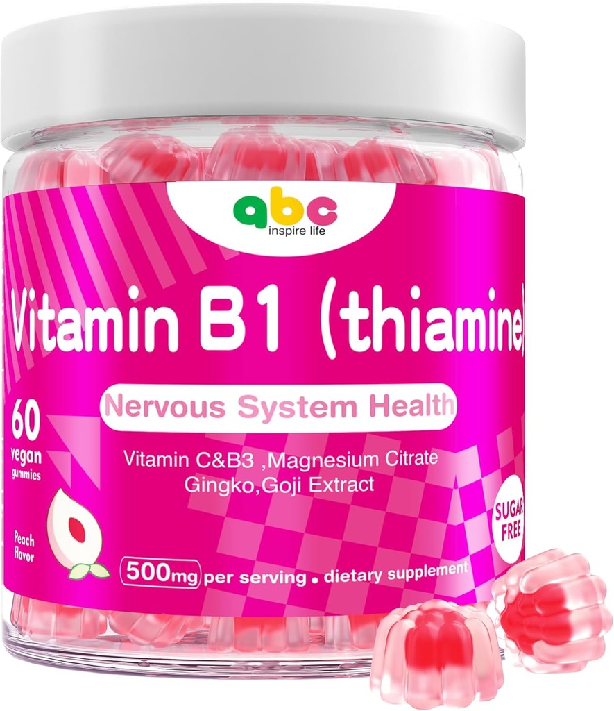 Vitamine B1 Gummies à croquer Thiamine 500mg & Vitamine B3 & Vitamine C, Sans sucre - Non OGM, Vegan, Saveur de pêche naturelle - Supplément de Thiamine B1 pour adultes et enfants