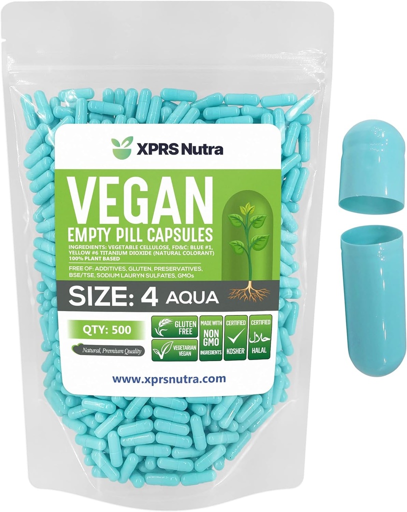 XPRS Nutra Taille 4 Capsules vides - 500 Compter les petites capsules végétales vides - Garniture de capsules végétales bricolage - Remplir Do-It-Youlf rechargeable Caps de pilules veggie pour suppléments (Aqua)