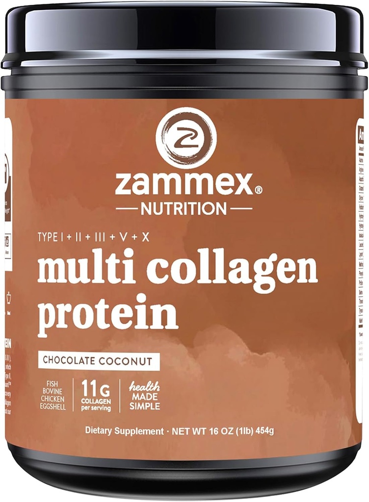 Zammex Multi Collagen Protéine Poudre, Type I & III & V & X, Peptides de collagène hydrolysés pour les femmes et les hommes, Supporte les cheveux et la peau, Santé Gut, 41 portions, Chocolat