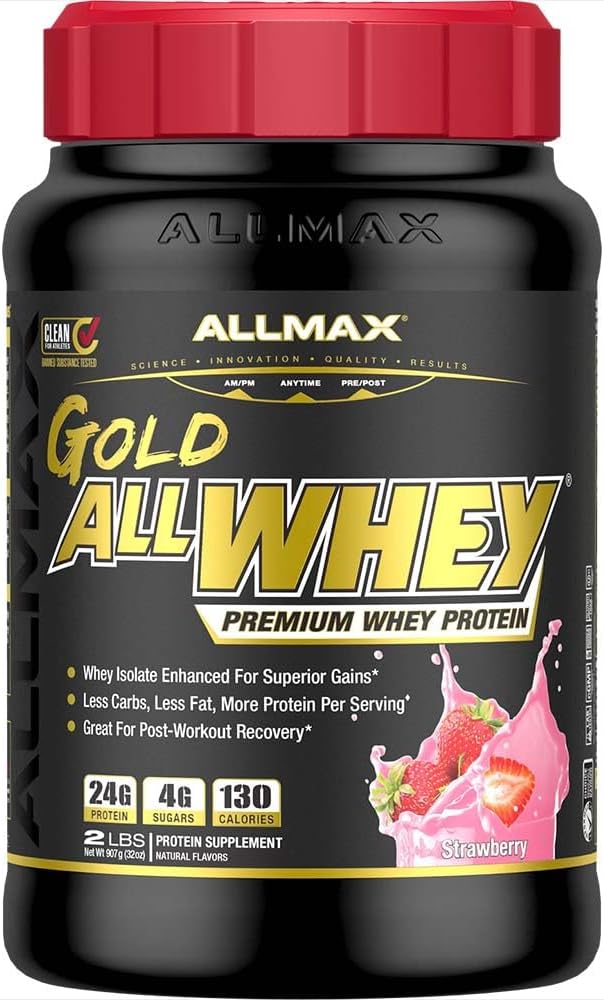ALLMAX Nutrition Or ALLWHEY, fraise - 2 lb - 24 grammes de protéines par scoop - sans gluten, faible teneur en glucides et faible teneur en sucre - Env. 30 portions