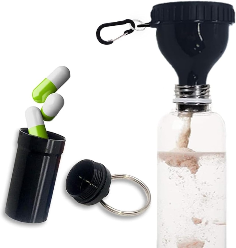 Entonnoir en poudre de protéines pour aller avec entonnoir en alliage d'aluminium Mini Pocket Pill Box and Carabiner Clip Supplément entonnoir avec bouchon pour bouteille d'eau Pré entraînement Gym Mini Travel Entonnoirs Shaker Cup
