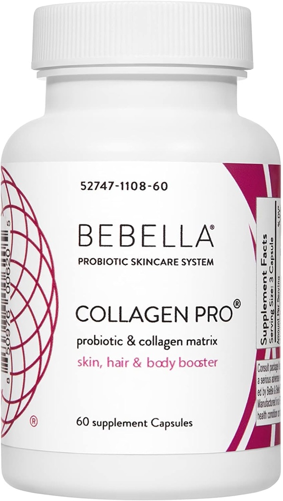 Bebella Collagen Pro- Probiotiques et collagène Peptides I Améliorer Gut et barrière cutanée réduit l'inflammation, soutient la peau saine, les cheveux et les ongles avec/Zinc VIT C acide hyaluronique 60 capsules