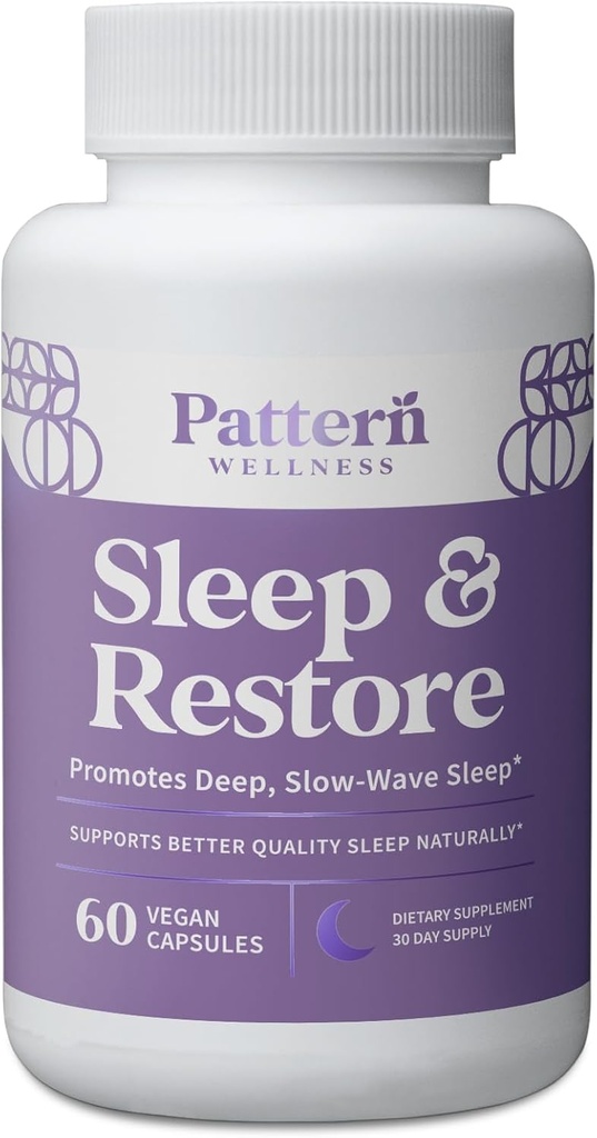 Pattern Wellness Supplément sommeil + restauration - favorise le sommeil profond, lent et le soutien de la réponse au stress - Santé Végétale pure - 60 capsules non OGM