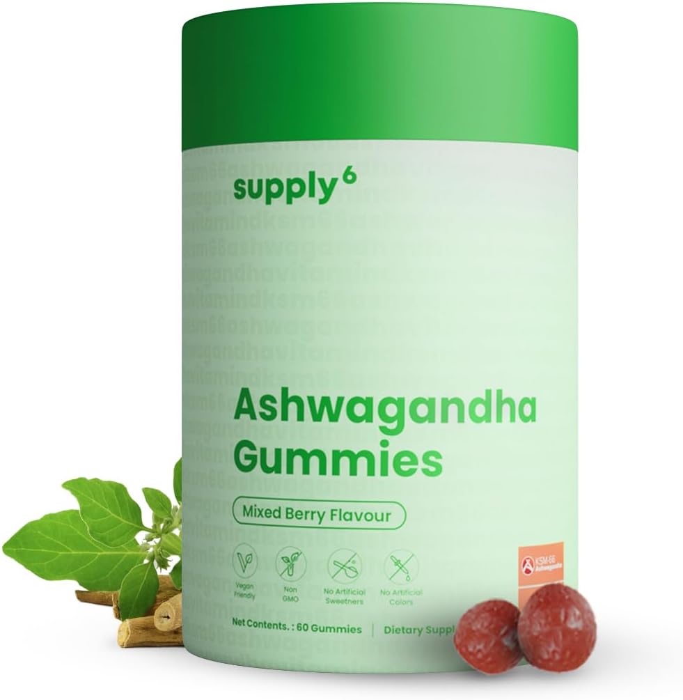 SUPPLY6 KSM-66 Ashwagandha & Vitamine D Gummy - 60 Compte - Berry mélangé, KSM-66, végétalien, à base de plantes, non-OGM, sans gluten et sans gélatine, pour un plus heureux, pack de 1