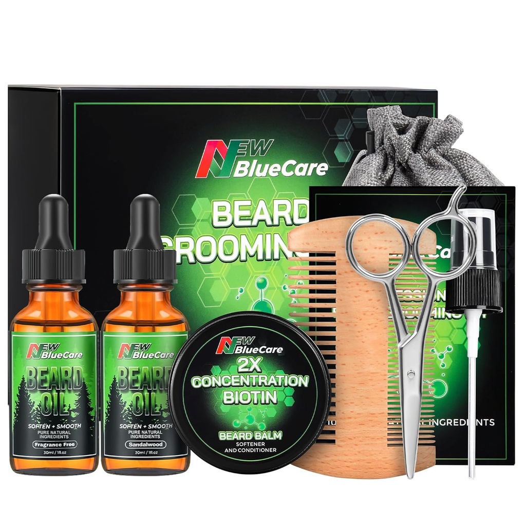 Kit d'entretien de la barbe - Contient (1) chacune des huiles de la barbe (Sandalwood & Unscented), Baume de croissance de la barbe de biotine, peigne et ciseaux pour le toilettage et le triming - Soins de la barbe Cadeaux papa pour les hommes lui papa mari