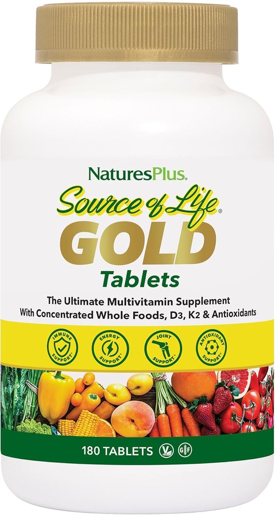 NaturesPlus Source of Life Gold Multivitamin - 180 Tablets - with Vitamins D3 & B12 - Blood, Bone & Immune Support - Vegetarian & Gluten Free - 60 Servings