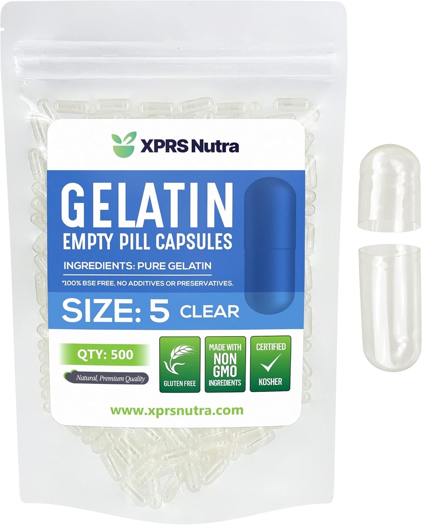 XPRS Nutra Taille 5 Capsules vides - 500 Compter Capsules de gélatine vides très petites - Pills Bricolage Capsule Remplissage - Gel de pilules remplissables pour Do-It-Youlf Vitamine Suppléments