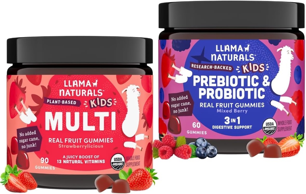 Llama Naturals Kids Multivitamin and Probiotic and Prebiotics Bundle, Vegan, Organic Gut Health and Immune Support Gummies, Real Fruit Gummy Vitamins, No Added Sugar Cane, 2 Bottles, 30 Day Supply