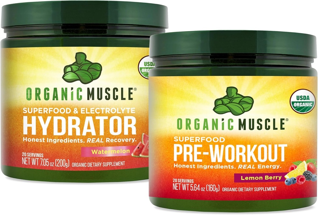 Ensemble de muscles organiques - Poudre de pré-travail pour l'énergie (Berry Lemon) + Réapprovisionneur pour l'hydratation (Melon d'eau) - USDA certifié biologique