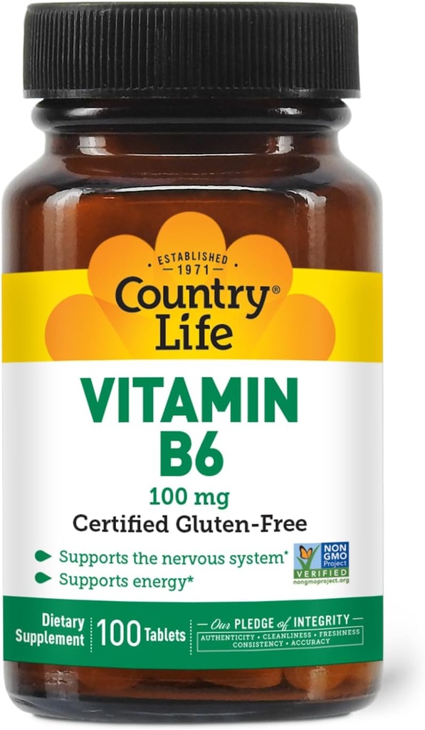 Country Life Vitamine B-6, soutient l'énergie et le système nerveux, 100mg, 100 Capsules Vegan, certifié sans gluten, certifié végétalien, certifié halal,...