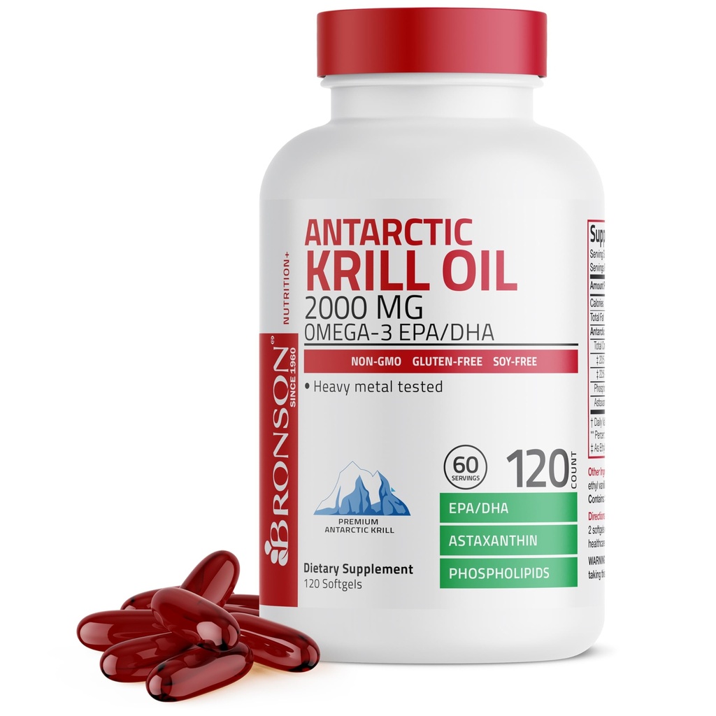 Bronson Antarctique Krill Oil 2000 mg avec Omega-3s EPA, DHA, Astaxanthin et Phospholipides 120 Softgels (60 portions)