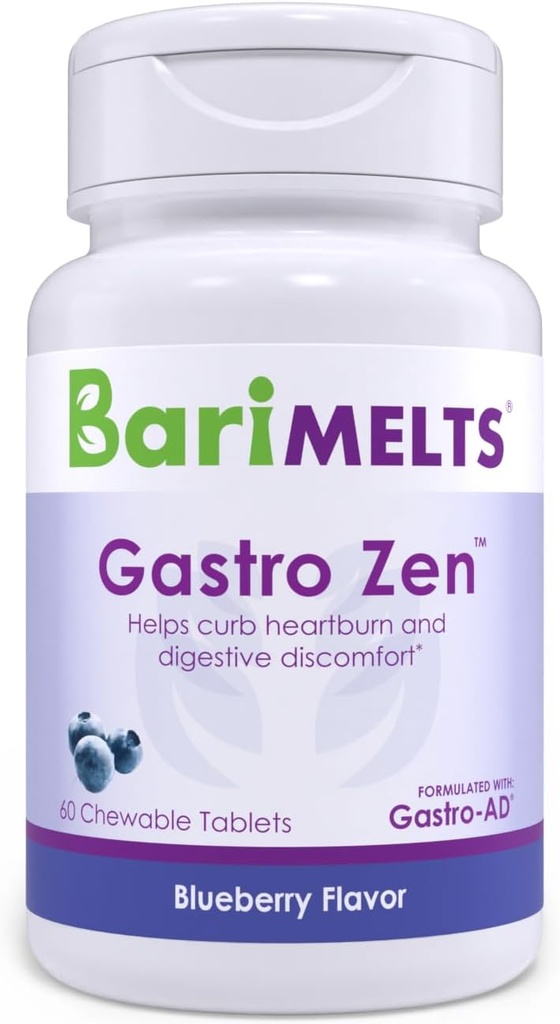 BariMelts Gastro Zen® avec Gastro-AD®, 60 comprimés à croquer (1 mois d'approvisionnement), postbiotiques pour le soulagement des brûlures d'estomac et la santé git après chirurgie bariatrique