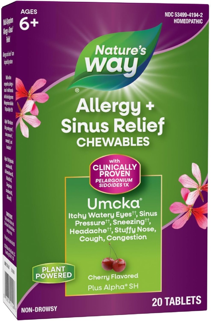 Voie de la nature Allergie+Sinus Relief Chewables, Umcka, Éternuement*, Runny Nez*, Céphalées*, Toux, Congestion, Non Phénylephrine, Non-Drowsy, Saveur de cerise, 20 Comprimés à croquer (Paquetage May Vary)