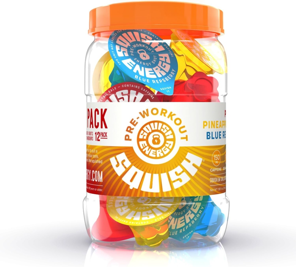 Squish avant l'entraînement Énergie Shots, Beta-Alanine, Citrulline, Caféine, L-Theanine, Alpha-GPC, ingrédients à base de plantes soutenir et améliorer les entraînements, Bleu Repsberry, Pineapple Press, PR Punch, 12 ct.