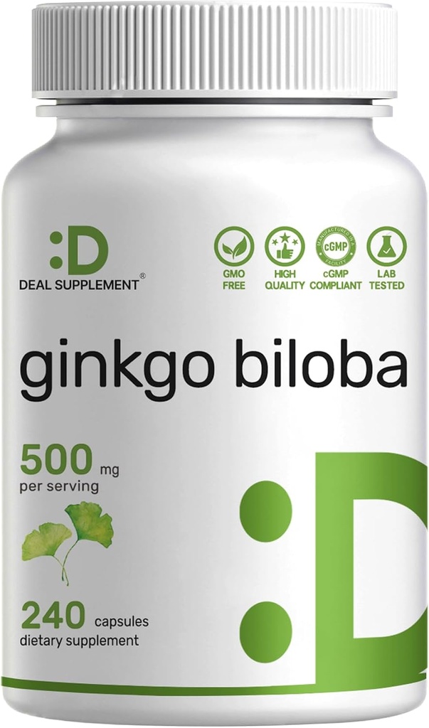 SUPPLÉMENT DE DEAL Ginkgo Biloba 500mg par portion, 240 Capsules, 4 mois d'approvisionnement – Grandir en Asie du Nord – Extra force, favorise la fonction cérébrale