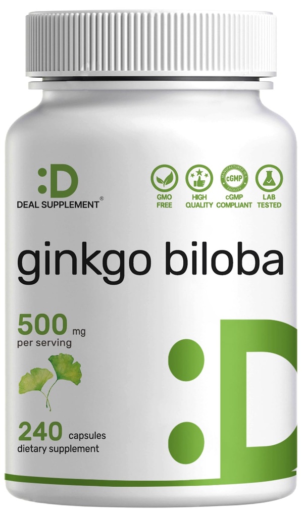 SUPPLÉMENT DE DEAL Ginkgo Biloba 500mg par portion, 240 Capsules, 4 mois d'approvisionnement – Grandir en Asie du Nord – Extra force, favorise la fonction cérébrale
