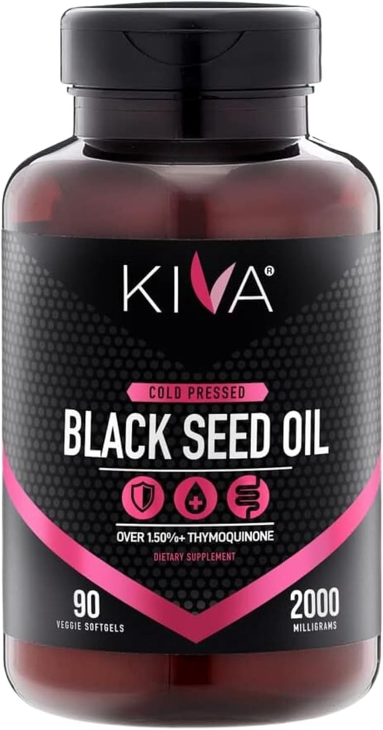 Kiva Black Seed Oil Softgel Capsules - Cold-Pressed (2000mg), 2%+ High Thymoquinone (TQ), 100% Nigella Sativa Seed Oil, 90 Vegan Softgels