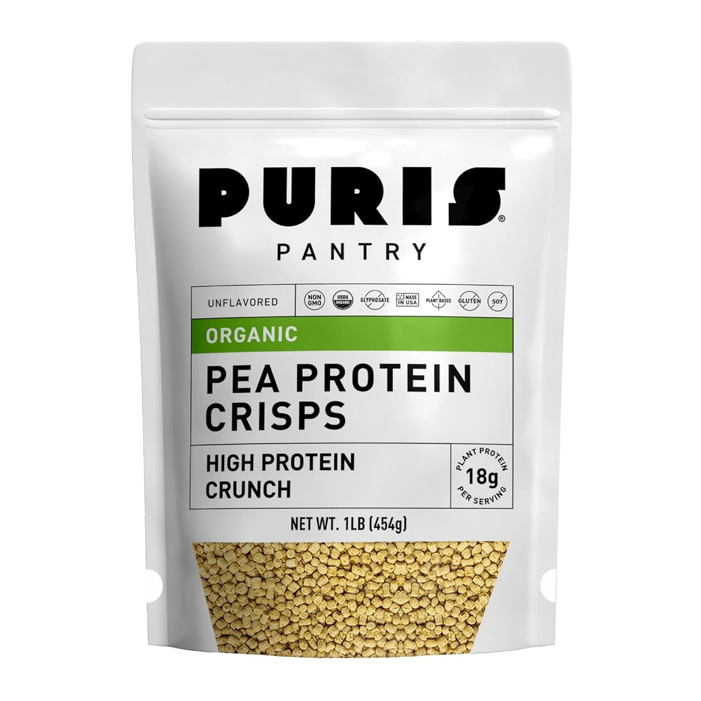 PURIS Crisps de protéines de pois biologiques, Isolat certifié de protéines de pois biologiques, Crunch de protéines de Keto, Fabriqué à 100% aux États-Unis, Non-OGM, Sans gluten, Pas de sucre, Pas de soja, 18g de protéines, 7g de glucides, Sans saveur