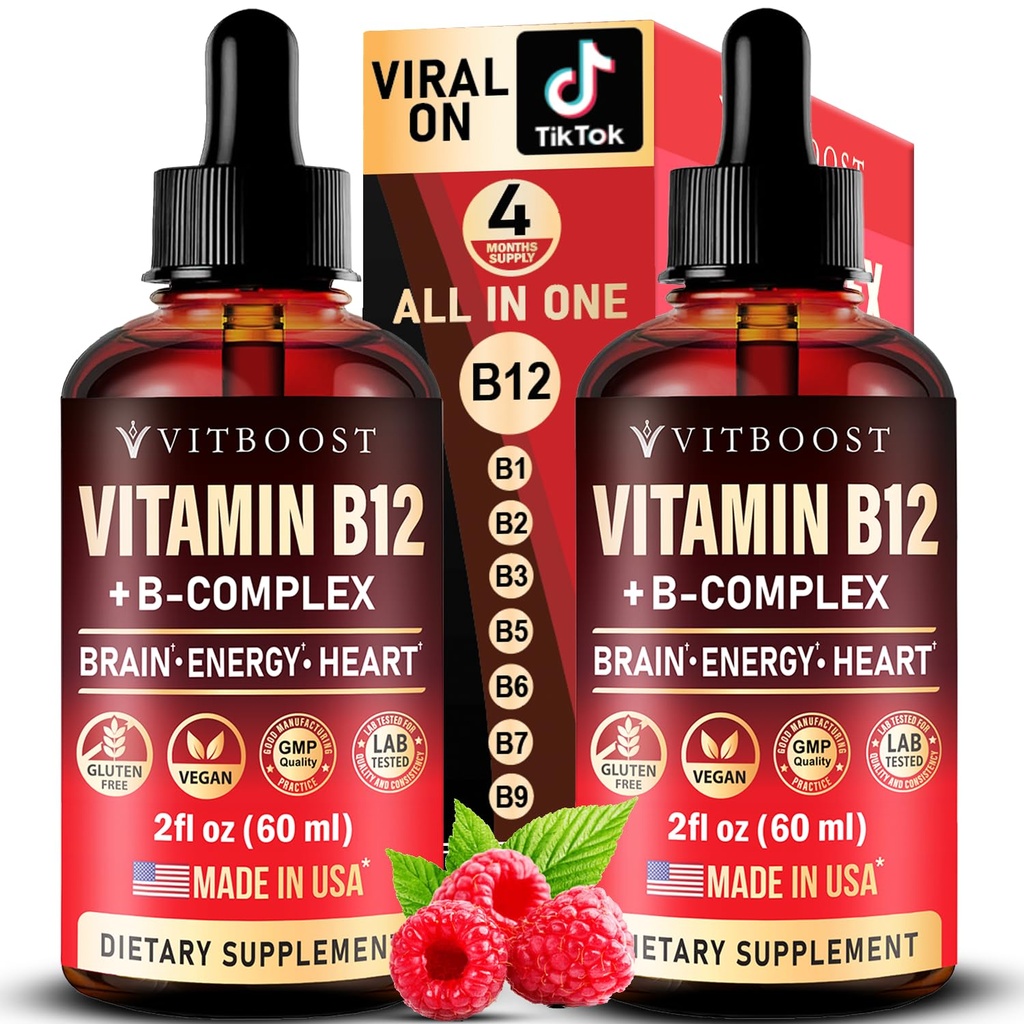 Vitamine végane B12 avec complexe B 20000 mcg- Extra Force pour les hommes et les femmes- gouttes liquides framboises des États-Unis, B1, B2, B3, B5, B6, Biotine, Acide folique et B12 Sublingual Methylcobalamin