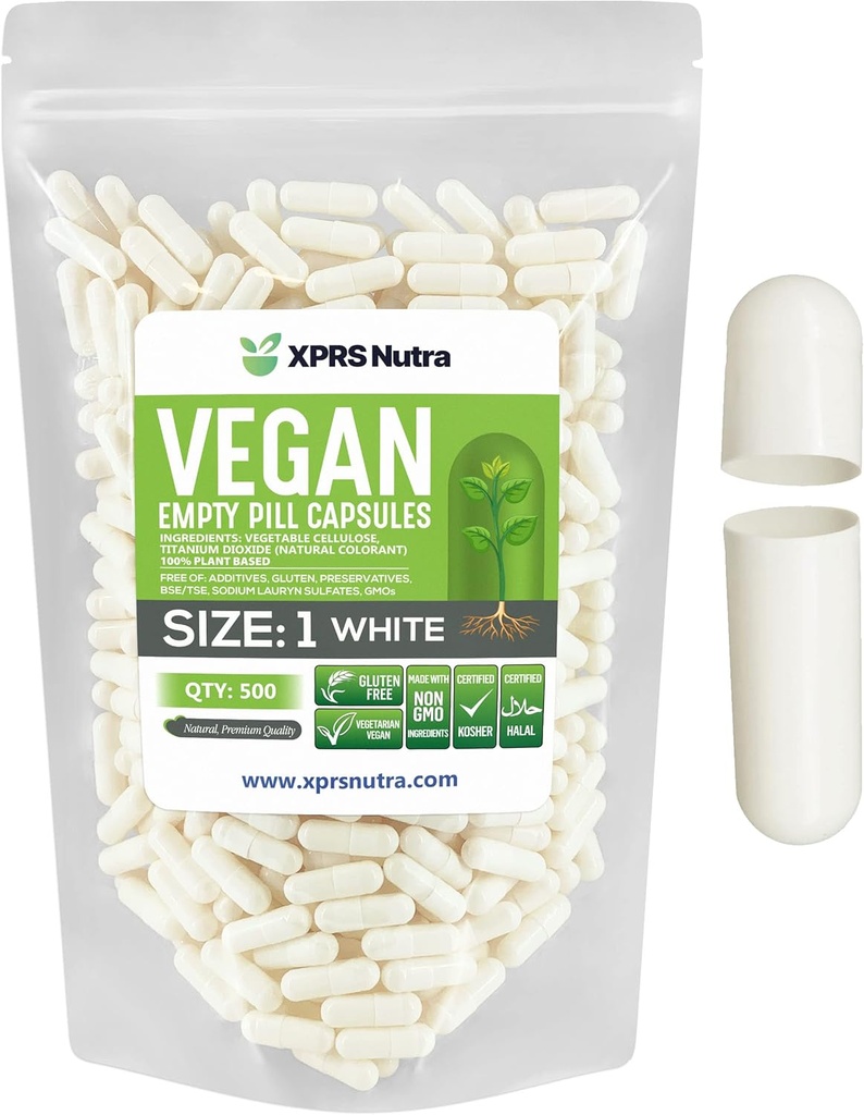 XPRS Nutra Taille 1 Capsules vides - 500 Compte Capsules vides de végétalien - Pilules végétariennes - Bricolage Gélule végétale Remplissage- Bouchons de pilules pour les suppléments Do-It-Youlf (Blanc)