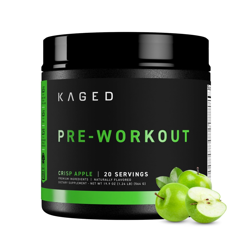 Poudre de pré-entraînement kaged original , Krisp Apple , Pré-Kaged , Formulé avec de la créatine, Beta Alanine, de la caféine pure , 20 portions