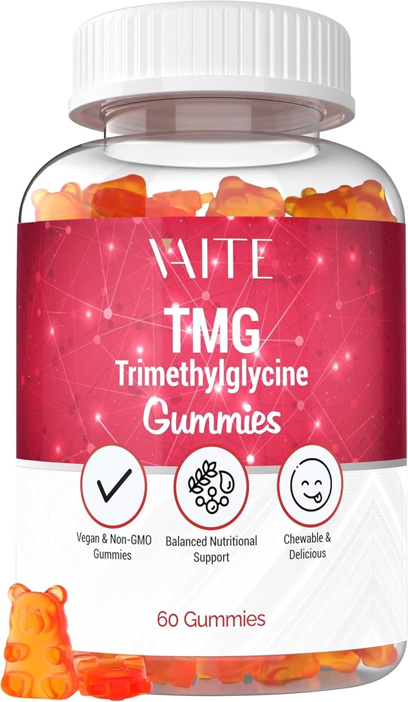 Suppléments de TMG VAITE - Supplément de vitamine anhydre de la triméthylglycine et de la bétaïne pour soutenir le contrôle de l'homocystéine avec la triméthylglycine, sans gluten, sans OGM, formule végétarienne - 60 Gommies végétaliens